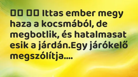 Viccek: 
		  
		  Ittas ember megy haza a kocsmából, de megbotlik, …