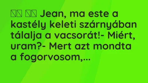 Viccek: 
		  
		  Jean, ma este a kastély keleti szárnyában tálalja…