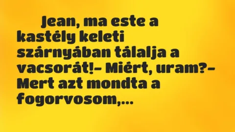 Viccek: 
		  
		  Jean, ma este a kastély keleti szárnyában tálalja…