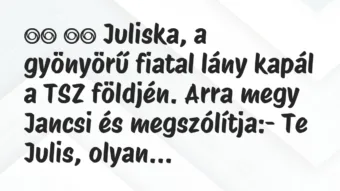Viccek: 
		  
		  Juliska, a gyönyörű fiatal lány kapál a TSZ…