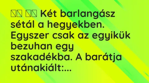 Viccek: 
		  
		  Két barlangász sétál a hegyekben. Egyszer csak az…