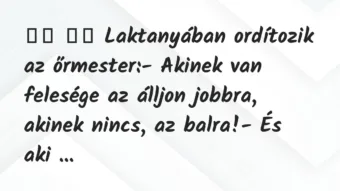 Viccek:
Laktanyában ordítozik az őrmester:- Akinek… Viccek:
Laktanyában ordítozik az őrmester:- Akinek…