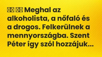 Viccek: 
		  
		  Meghal az alkoholista, a nőfaló és a drogos….