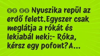 Viccek: 
		  
		  Nyuszika repül az erdő felett.Egyszer csak…