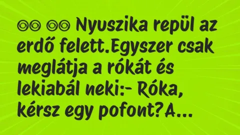 Viccek: 
		  
		  Nyuszika repül az erdő felett.Egyszer csak…