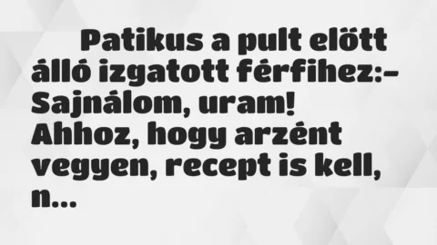 Viccek: 
		  
		  Patikus a pult előtt álló izgatott férfihez:-…
