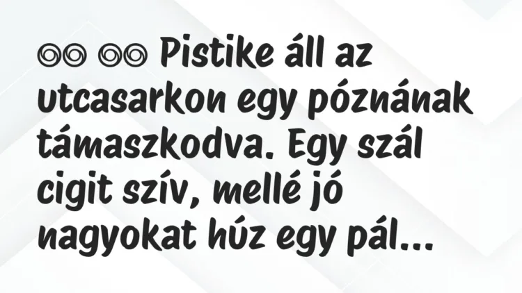Viccek:
Pistike áll az utcasarkon egy póznának… Viccek:
Pistike áll az utcasarkon egy póznának…