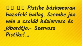 Viccek: 
		  
		  Pistike búskomoran hazafelé ballag. Szembe jön…
