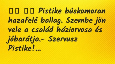 Viccek: 
		  
		  Pistike búskomoran hazafelé ballag. Szembe jön…