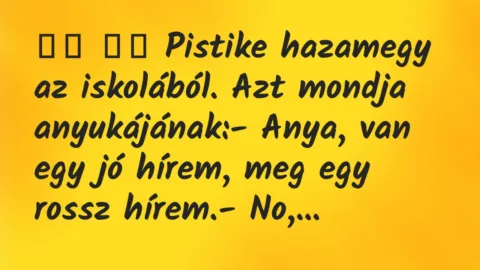 Viccek: 
		  
		  Pistike hazamegy az iskolából. Azt mondja…