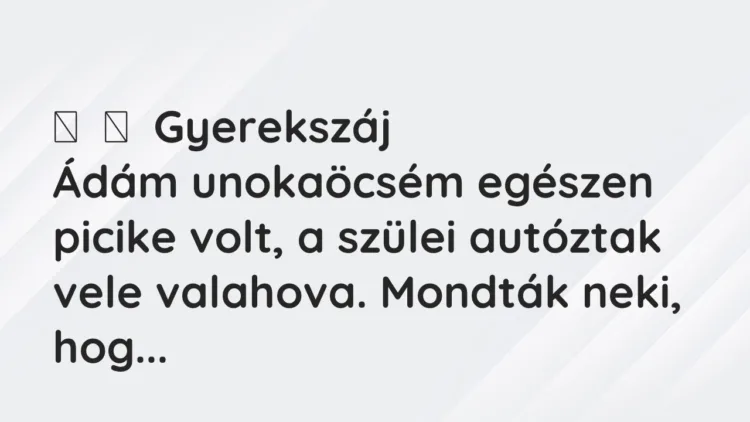 Vicces történet:
Gyerekszáj
Ádám unokaöcsém egészen picike volt, a… Vicces történet:
Gyerekszáj
Ádám unokaöcsém egészen picike volt, a…