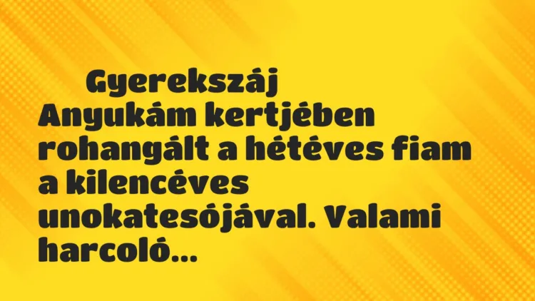 Vicces történet:
Gyerekszáj
Anyukám kertjében rohangált a hétéves fiam… Vicces történet:
Gyerekszáj
Anyukám kertjében rohangált a hétéves fiam…