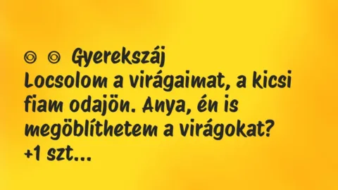 Vicces történet: 
	    	    Gyerekszáj


Locsolom a virágaimat, a kicsi fiam…