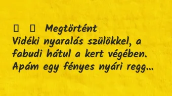 Vicces történet:
Megtörtént
Vidéki nyaralás szülökkel, a fabudi hátul … Vicces történet:
Megtörtént
Vidéki nyaralás szülökkel, a fabudi hátul …
