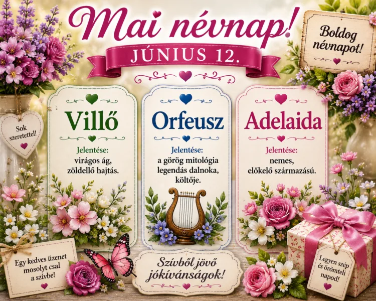 Mai névnap – június 12. Villő, Orfeusz és Adelaida Mai névnap – június 12.: Villő, Orfeusz és Adelaida