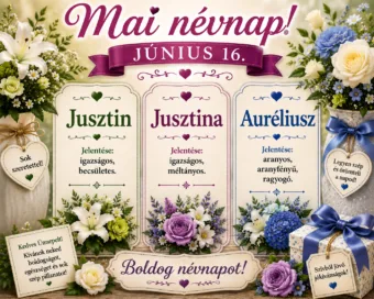 Mai névnap – június 16.: Jusztin, Jusztina és Auréliusz