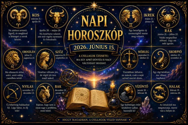 Napi horoszkóp – 2026. június 15. Egy régi történet ma új fordulatot vehet Napi horoszkóp – 2026. június 15.: Egy régi történet ma új fordulatot vehet