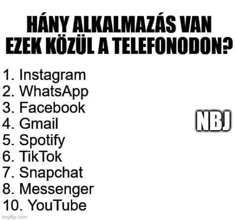 Hány alkalmazás van ezek közül a telefonodon? HÁNY ALKALMAZÁS VAN EZEK KÖZÜL A TELEFONODON?
1. Instagram
2. WhatsApp
3. Facebook
4. Gmail
5. Spotify
6. TikTok
7. Snapchat
8. Messenger
10. YouTube
NBJ