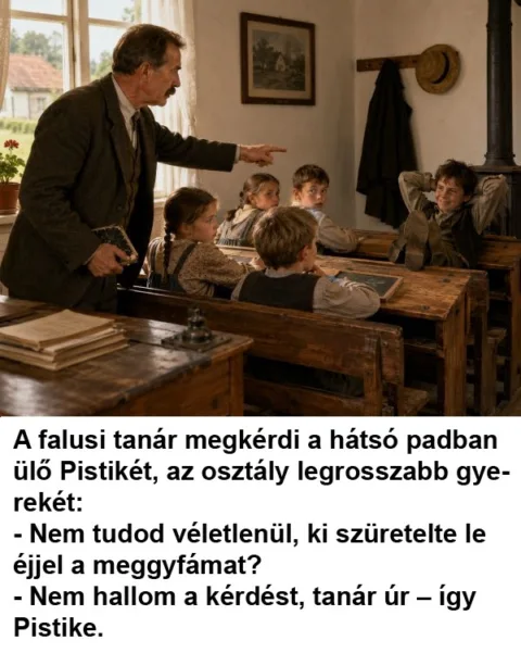 Vicc: A falusi tanár megkérdi a hátsó padban ülő Pistikét Vicc: A falusi tanár megkérdi a hátsó padban ülő Pistikét