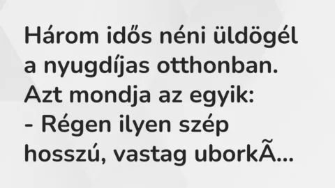 Három idős néni üldögél a nyugdíjas otthonban.
Azt mondja az… – Vicc Három idős néni üldögél a nyugdíjas otthonban.
Azt mondja az… – Vicc