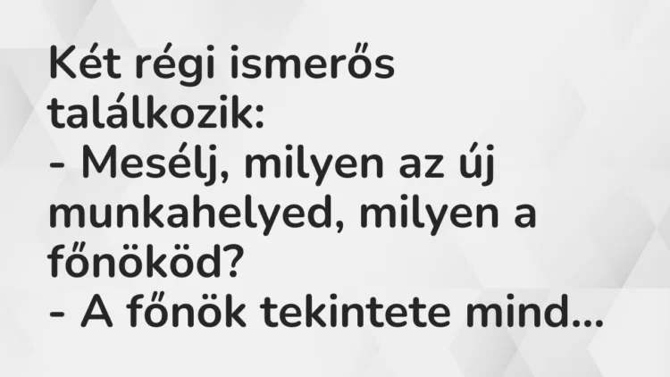 Két régi ismerős találkozik:
– Mesélj, milyen az új munkahelyed,… – Vicc Két régi ismerős találkozik:
– Mesélj, milyen az új munkahelyed,… – Vicc
