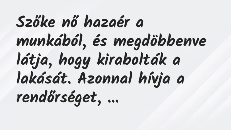 Szőke nő hazaér a munkából, és megdöbbenve látja, hogy kirabolták a… – Vicc Szőke nő hazaér a munkából, és megdöbbenve látja, hogy kirabolták a… – Vicc