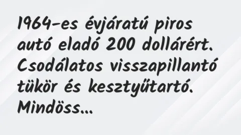 Vicc: 1964-es évjáratú piros autó eladó 200 dollárért. Csodálatos… Vicc: 1964-es évjáratú piros autó eladó 200 dollárért. Csodálatos…