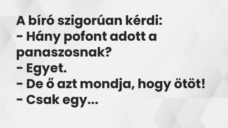 Vicc: A bíró szigorúan kérdi:
– Hány pofont adott a panaszosnak?
-… Vicc: A bíró szigorúan kérdi:
– Hány pofont adott a panaszosnak?
-…