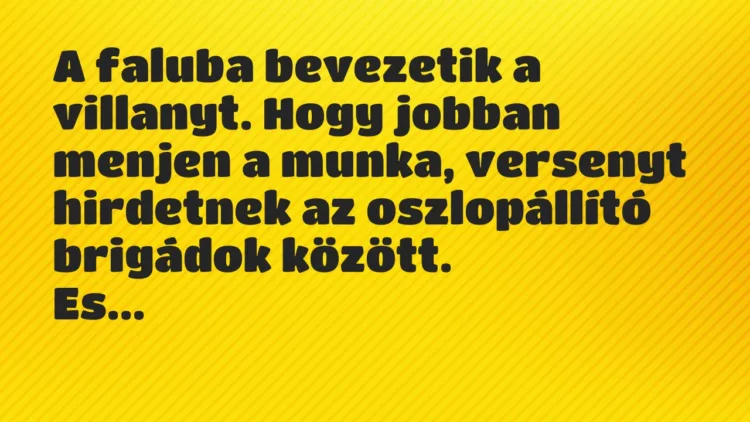 Vicc: A faluba bevezetik a villanyt. Hogy jobban menjen a munka, versenyt… Vicc: A faluba bevezetik a villanyt. Hogy jobban menjen a munka, versenyt…