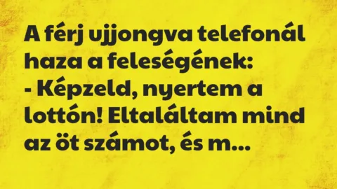 Vicc: A férj ujjongva telefonál haza a feleségének:
– Képzeld, nyertem… Vicc: A férj ujjongva telefonál haza a feleségének:
– Képzeld, nyertem…