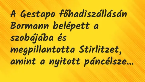 Vicc: A Gestapo főhadiszállásán Bormann belépett a szobájába és… Vicc: A Gestapo főhadiszállásán Bormann belépett a szobájába és…