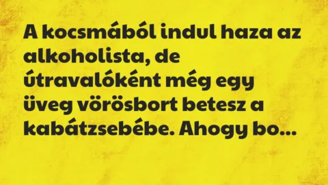 Vicc: A kocsmából indul haza az alkoholista, de útravalóként még egy üveg… Vicc: A kocsmából indul haza az alkoholista, de útravalóként még egy üveg…