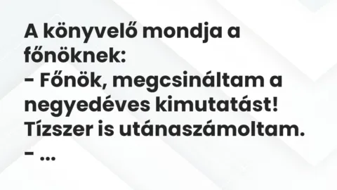 Vicc: A könyvelő mondja a főnöknek:

– Főnök, megcsináltam a negyedéves…