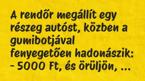 Vicc: A rendőr megállít egy részeg autóst, közben a gumibotjával fenyegetően… Vicc: A rendőr megállít egy részeg autóst, közben a gumibotjával fenyegetően…