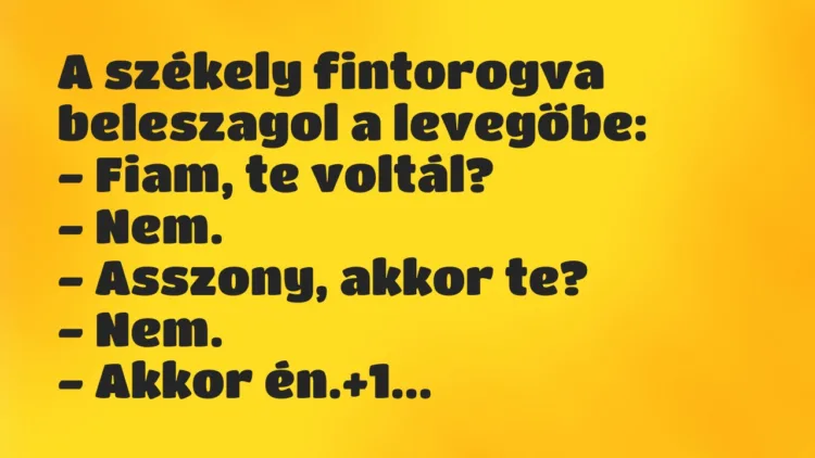 Vicc: A székely fintorogva beleszagol a levegőbe:
– Fiam, te… Vicc: A székely fintorogva beleszagol a levegőbe:
– Fiam, te…