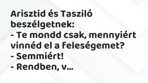 Vicc: Arisztid és Tasziló beszélgetnek:
– Te mondd csak, mennyiért… Vicc: Arisztid és Tasziló beszélgetnek:
– Te mondd csak, mennyiért…