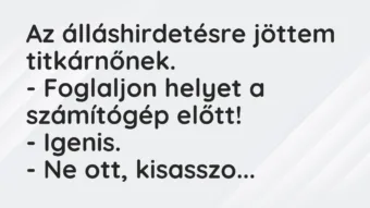 Vicc: Az álláshirdetésre jöttem titkárnőnek.

– Foglaljon helyet a…