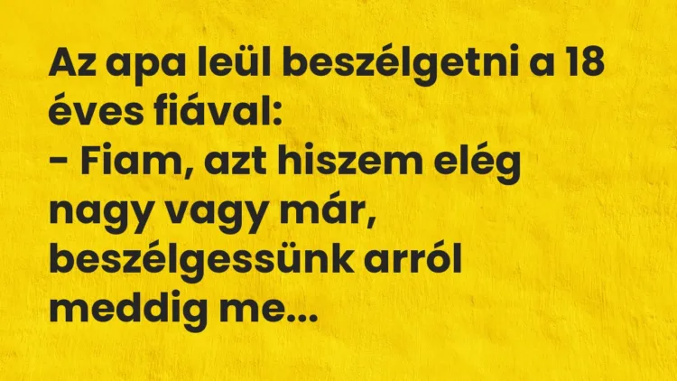 Vicc: Az apa leül beszélgetni a 18 éves fiával:
– Fiam, azt hiszem elég… Vicc: Az apa leül beszélgetni a 18 éves fiával:
– Fiam, azt hiszem elég…