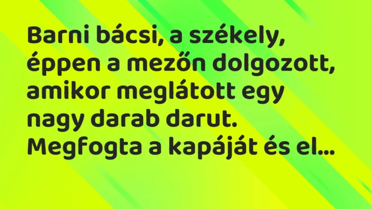 Vicc: Barni bácsi, a székely, éppen a mezőn dolgozott, amikor meglátott egy nagy darab darut. Vicc: Barni bácsi, a székely, éppen a mezőn dolgozott, amikor meglátott egy nagy darab darut.