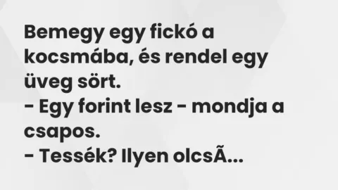 Vicc: Bemegy egy fickó a kocsmába, és rendel egy üveg sört.
– Egy… Vicc: Bemegy egy fickó a kocsmába, és rendel egy üveg sört.
– Egy…