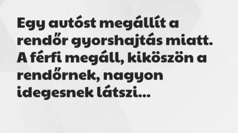 Vicc: Egy autóst megállít a rendőr gyorshajtás miatt. A férfi megáll,…