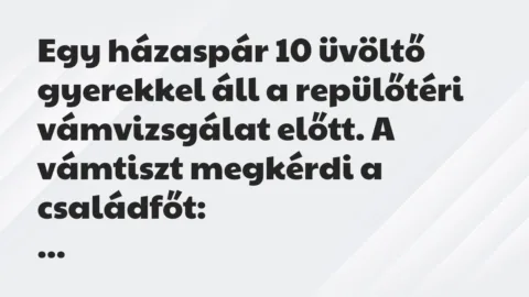 Vicc: Egy házaspár 10 üvöltő gyerekkel áll a repülőtéri vámvizsgálat előtt…. Vicc: Egy házaspár 10 üvöltő gyerekkel áll a repülőtéri vámvizsgálat előtt….