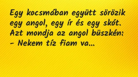 Vicc: Egy kocsmában együtt sörözik egy angol, egy ír és egy skót.
Azt… Vicc: Egy kocsmában együtt sörözik egy angol, egy ír és egy skót.
Azt…