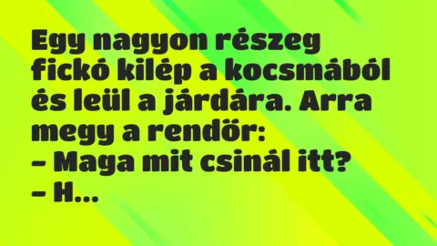 Vicc: Egy nagyon részeg fickó kilép a kocsmából és leül a járdára. Arra megy…