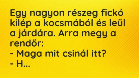 Vicc: Egy nagyon részeg fickó kilép a kocsmából és leül a járdára. Arra megy…