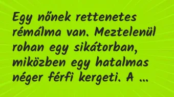 Vicc: Egy nőnek rettenetes rémálma van. Meztelenül rohan egy sikátorban,…
