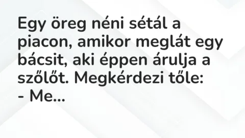 Vicc: Egy öreg néni sétál a piacon, amikor meglát egy bácsit, aki éppen árulja a szőlőt.