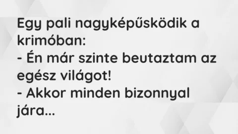 Vicc: Egy pali nagyképűsködik a krimóban:

– Én már szinte beutaztam az…