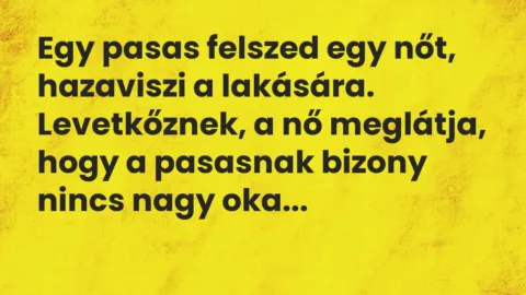 Vicc: Egy pasas felszed egy nőt, hazaviszi a lakására. Levetkőznek, a nő… Vicc: Egy pasas felszed egy nőt, hazaviszi a lakására. Levetkőznek, a nő…