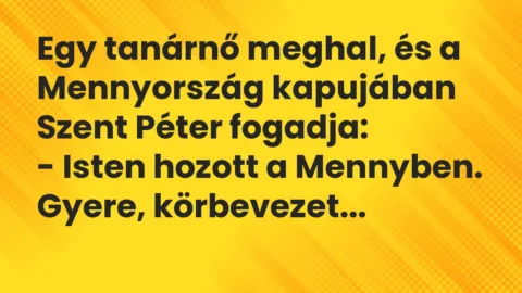 Vicc: Egy tanárnő meghal, és a Mennyország kapujában Szent Péter… Vicc: Egy tanárnő meghal, és a Mennyország kapujában Szent Péter…